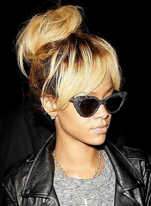 Rihanna Hairstyles: Messy High Bun