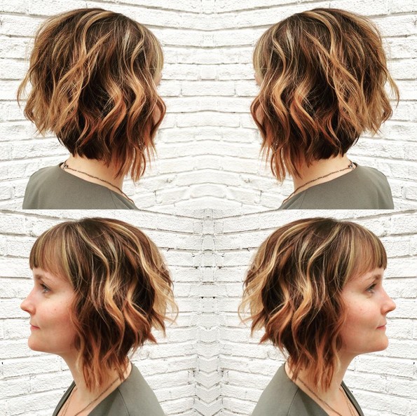 Angled Bob Hairstyle With Bangs Short Layered Wavy Haircuts