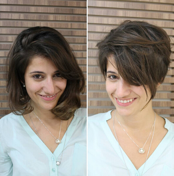 Brown Short Haircut With Side Long Bangs Cute Short