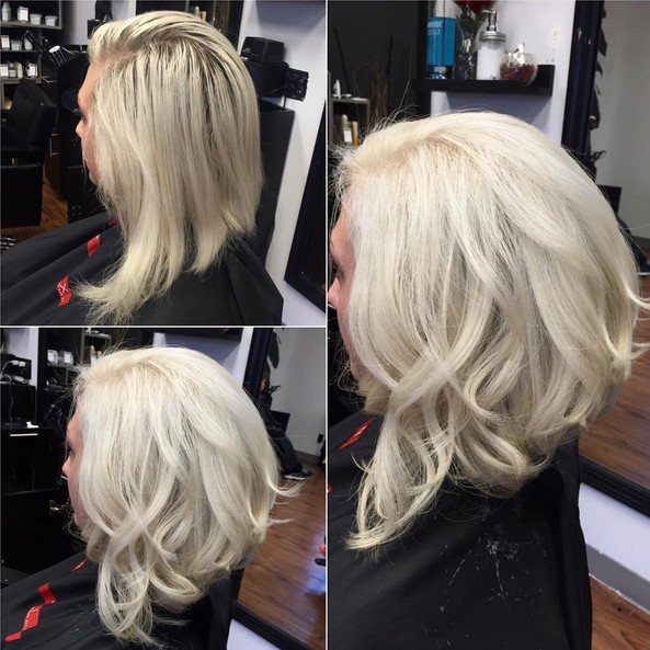 Gekruld hoekig bobkapsel voor vrouwen - Modern wit blond haar