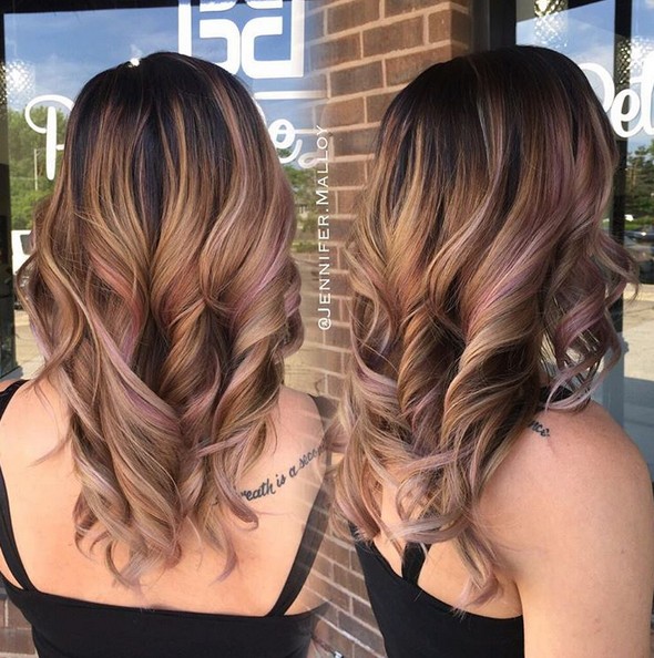 Curly Long Hairstyles - Pink Balayage Highlights
