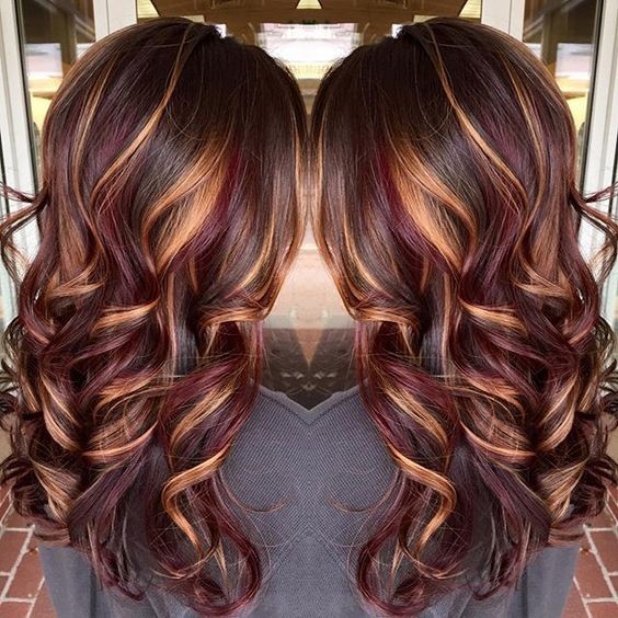 Brunette Hair Color With Burnished Blonde Highlights Curly Long