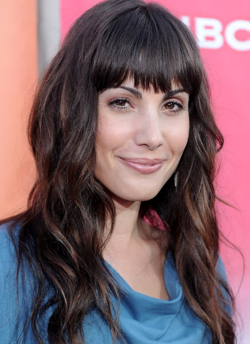 Carly Pope Long Wavy Hairstyles with Blunt Bangs