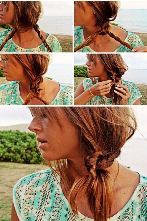 Beach Hairstyle Ideas: Knotted Braid Side Ponytail 