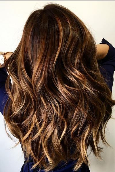 Balayage, Layered Wavy Long Hairstyles - Blonde and Cinnamon Balayage for Chocolate Brown Hair