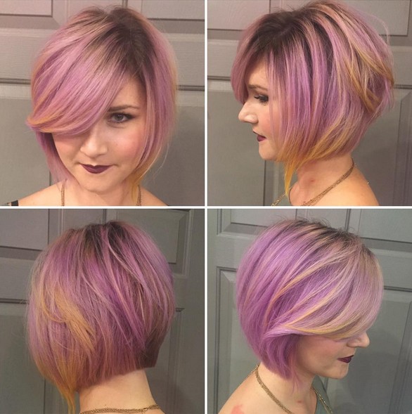 Fun Pink, Purplish, Yellow Hair Color with Bob Haircut