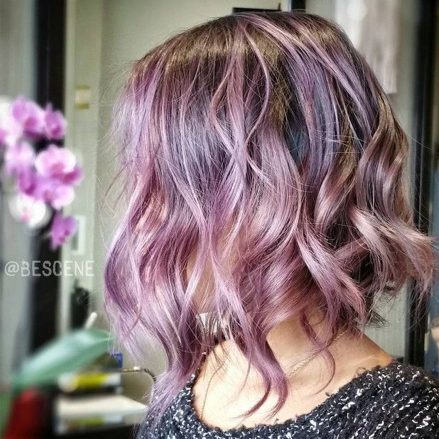 colored wavy bob hairstyle - pastel purple bob haircut with shades