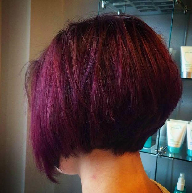 short purple stacked bob haircut