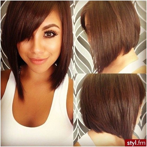 Cute Side view of asymmetrical bob hairstyle with side swept bangs