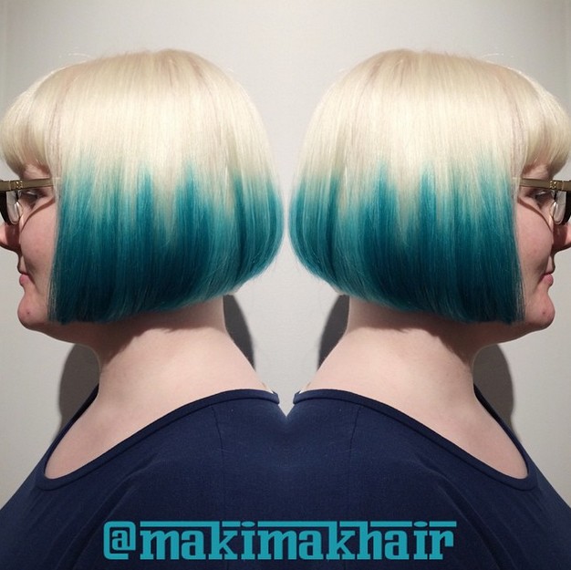 blonde to blue ombre graduated bob hairstyle with glasses