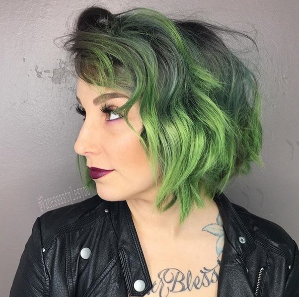 Messy Wavy Bob Cut with Evergreen Color