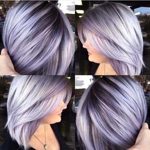 Silver lavender hair color with dark base and layered bob haircut