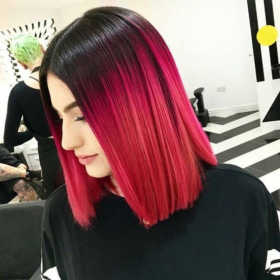 Black to Pink Ombre Hair - Blunt, Straight Long Bob Haircut