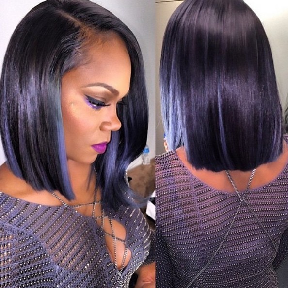 Chic straight bob hairstyles with purple tones on black hair