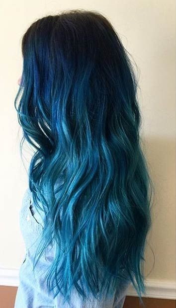 Dark Blue to Light Blue Ombre on Long Hair