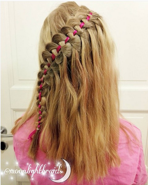 Four strand waterfall braid with ribbon