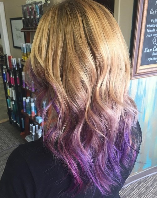 Layered Bronde Waves with Purple Ombre-ed Ends - V Haircut for Long Hair
