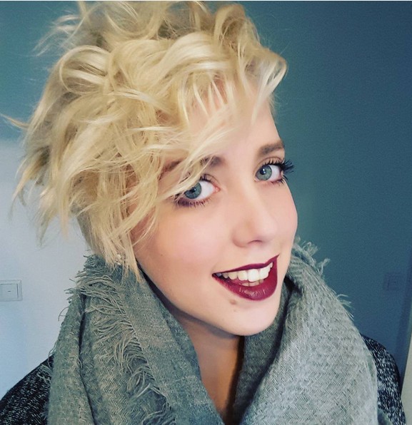 Messy, Blonde Curly Long Pixie Hairstyle with Side Bangs