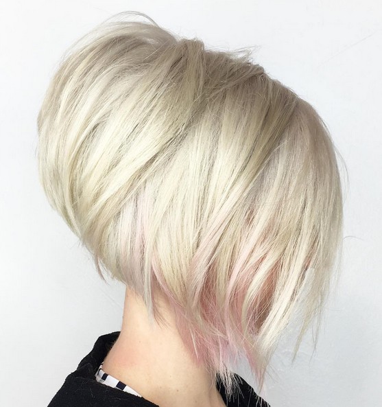Stacked, Blond Short Bob Hairstyle with Pink Highlights