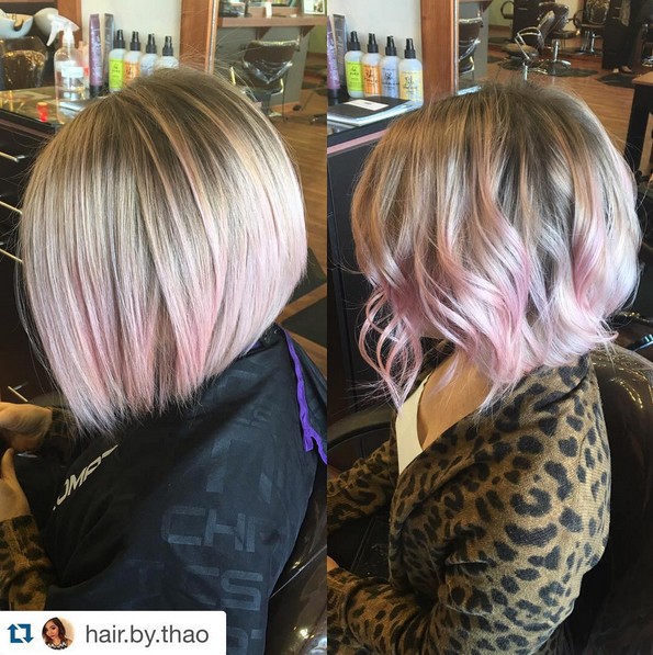 Curly Bob Hairstyle with Pink Hair Color - Balayage, Ombre Hairstyles - Chic Office Haircuts