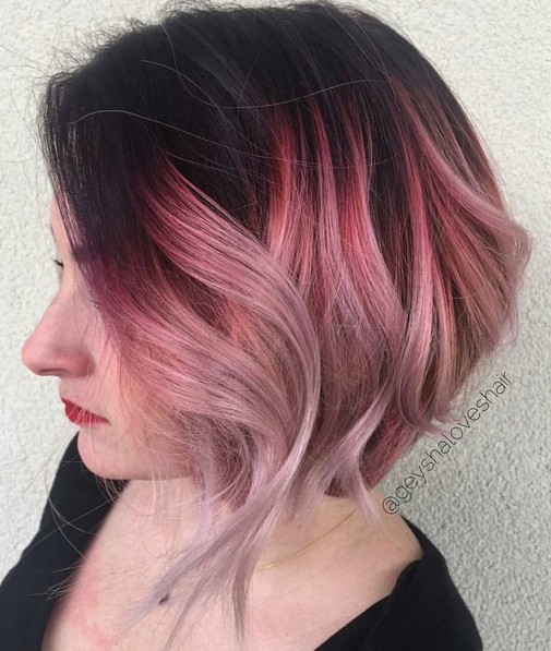 Ombre, Wavy Bob Haircut - Black and Pink Hair Color