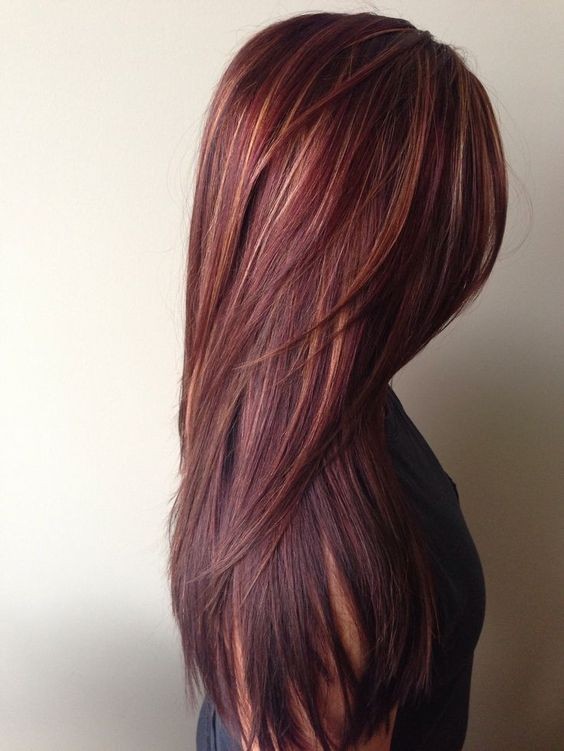 Mahogany Hair Color with Golden Caramel Highlights - Straight Long Hairstyles