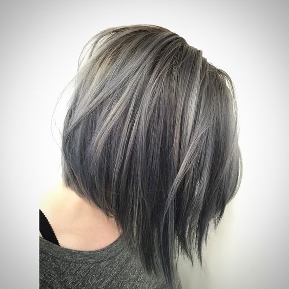 Short Straight Bob Cut - Balayage Hairstyle - Light Blue Denim Silver