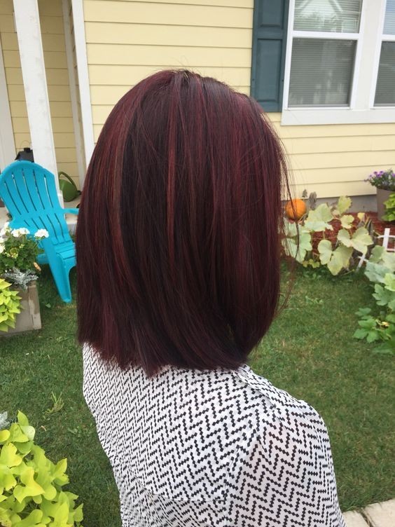 Straigt Lob Hair Cuts with Mahogany violet red Hair - Fall Hairstyles for Women