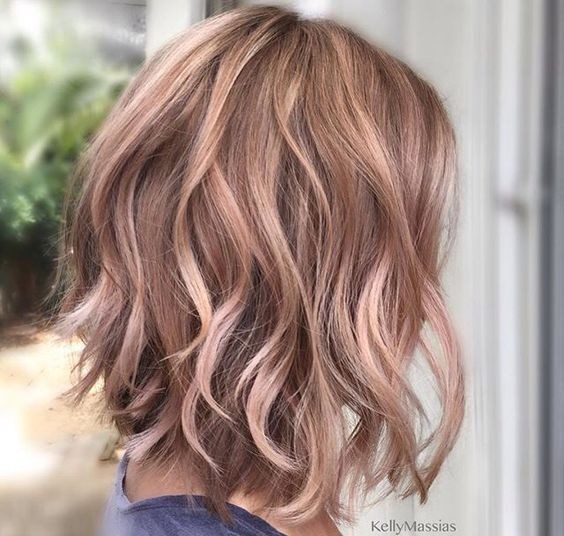 Rose Gold Brown Hair - Blayage Wavy Lob Hairstyle 2017