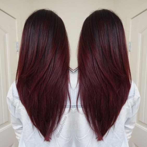 V Haircuts for Long Hair - Dark Red Violet Plum, Ombre Balayage, Winter Hair Colors 2016 - 2017