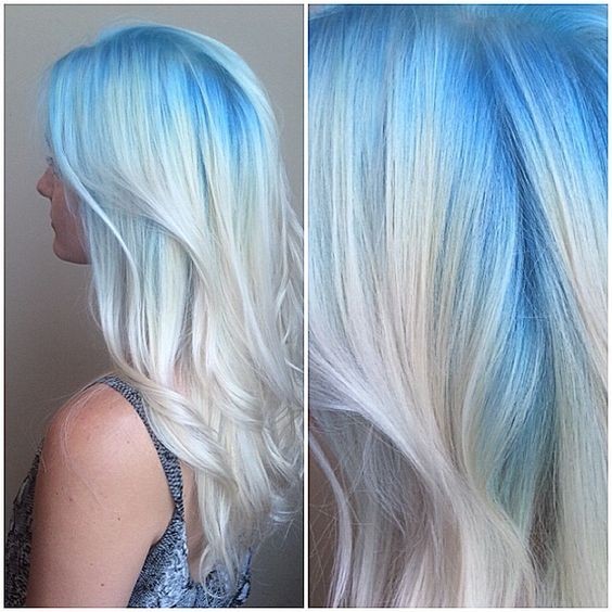 Blue hair pastel blue blonde melt waves hairstyle light blue platinum ice white hair long