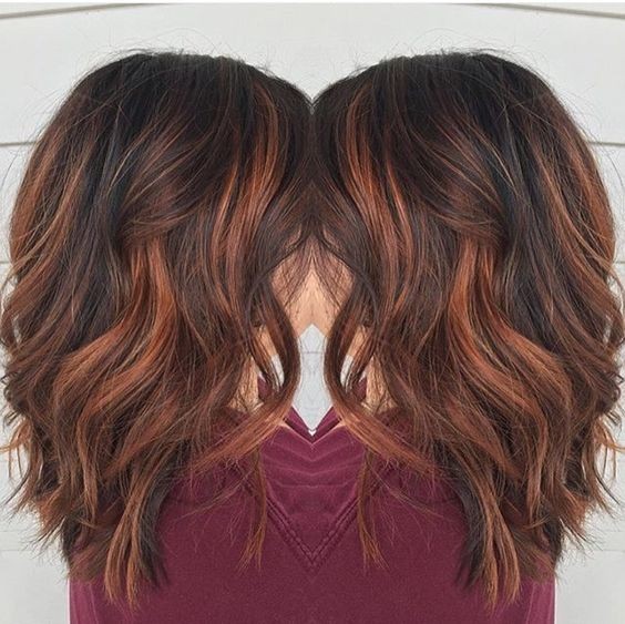 Blunt, Medium Wavy Hairstyles for Thick Hair - Red Brown Balayage