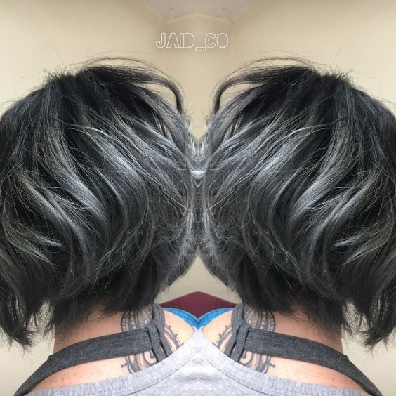Pastel Balayage Hairstyles with Short Wavy Bob - Black and Titanium Gray Hair